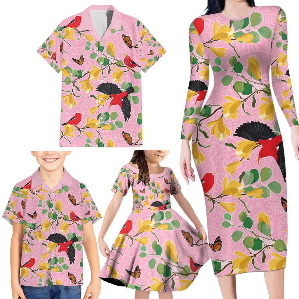Aloha Hawaii Family Matching Long Sleeve Bodycon Dress and Hawaiian Shirt I'iwi on Mamane Pastel Pink LT7 - Polynesian Pride