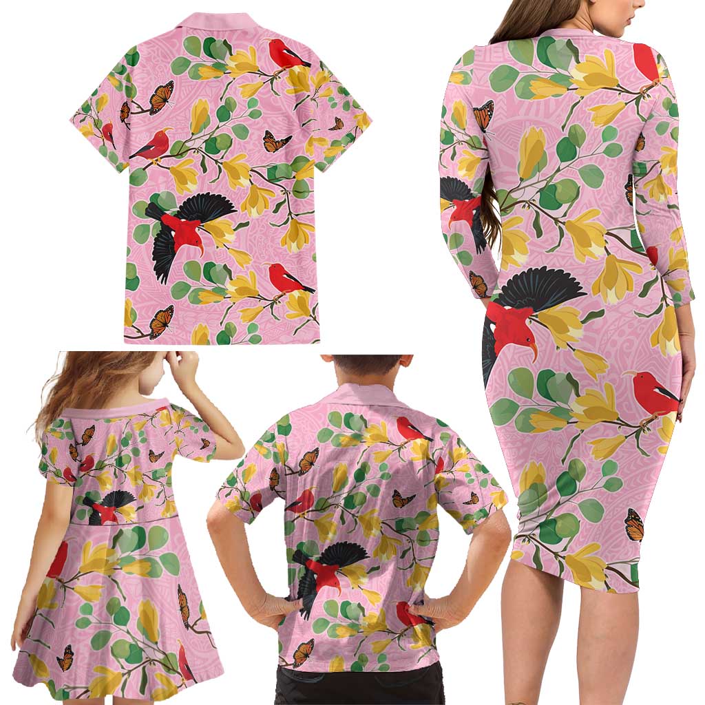 Aloha Hawaii Family Matching Long Sleeve Bodycon Dress and Hawaiian Shirt I'iwi on Mamane Pastel Pink LT7 - Polynesian Pride