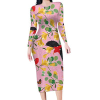 Aloha Hawaii Family Matching Long Sleeve Bodycon Dress and Hawaiian Shirt I'iwi on Mamane Pastel Pink LT7 Mom's Dress Pink - Polynesian Pride