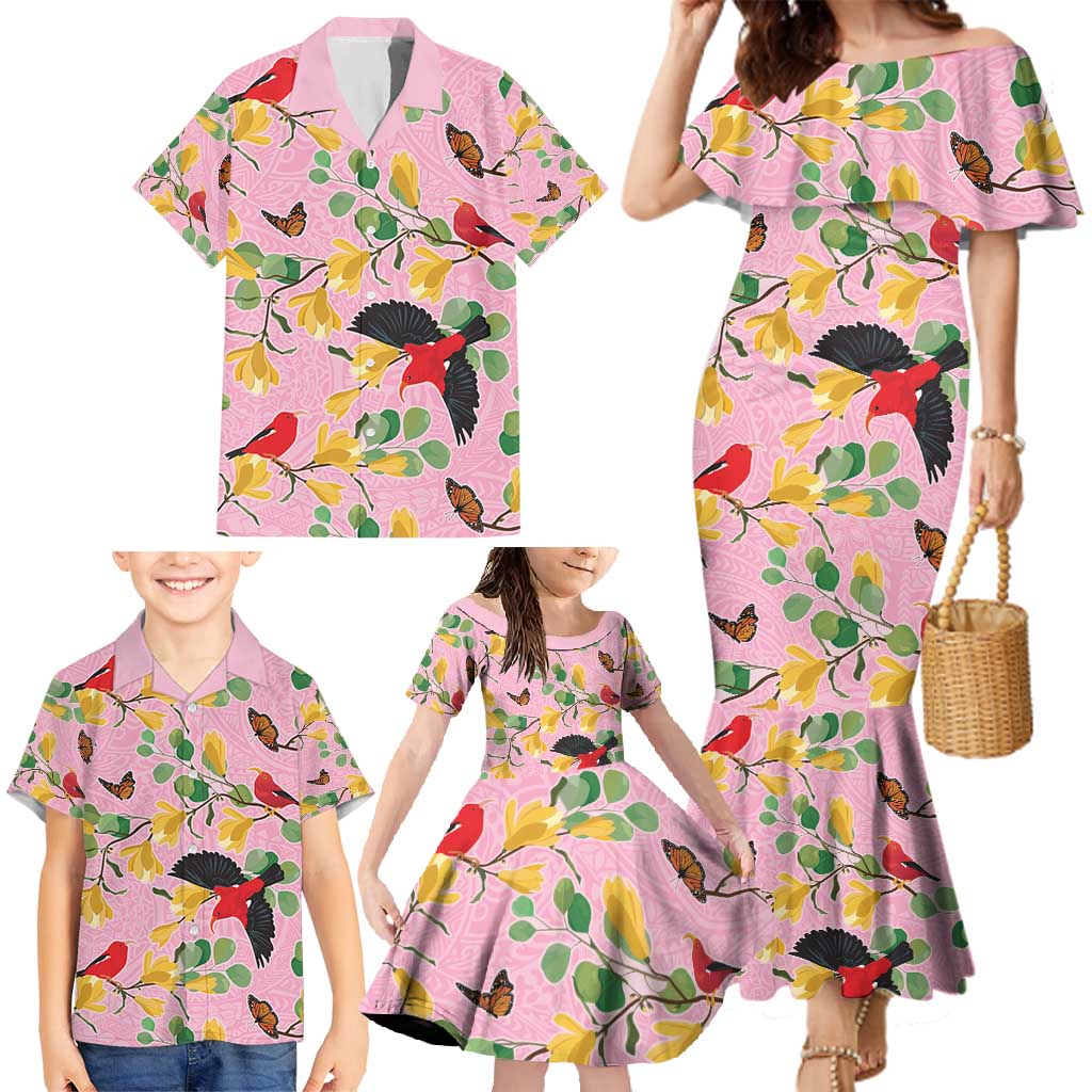 Aloha Hawaii Family Matching Mermaid Dress and Hawaiian Shirt I'iwi on Mamane Pastel Pink LT7 - Polynesian Pride