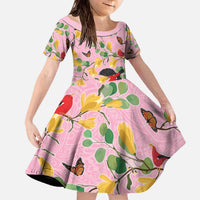 Aloha Hawaii Family Matching Off The Shoulder Long Sleeve Dress and Hawaiian Shirt I'iwi on Mamane Pastel Pink LT7 Daughter's Dress Pink - Polynesian Pride