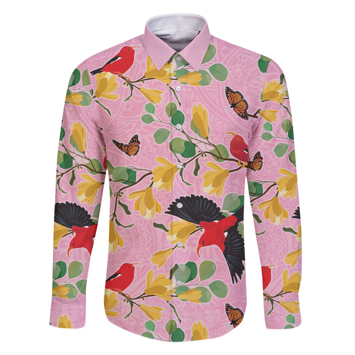 Aloha Hawaii Family Matching Off The Shoulder Long Sleeve Dress and Hawaiian Shirt I'iwi on Mamane Pastel Pink LT7 Dad's Shirt - Long Sleeve Pink - Polynesian Pride