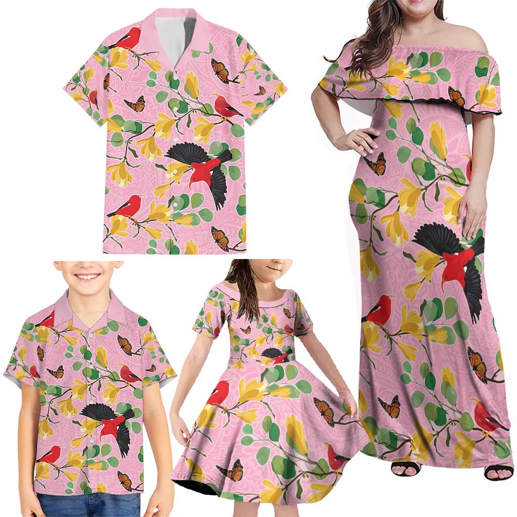 Aloha Hawaii Family Matching Off Shoulder Maxi Dress and Hawaiian Shirt I'iwi on Mamane Pastel Pink LT7 - Polynesian Pride