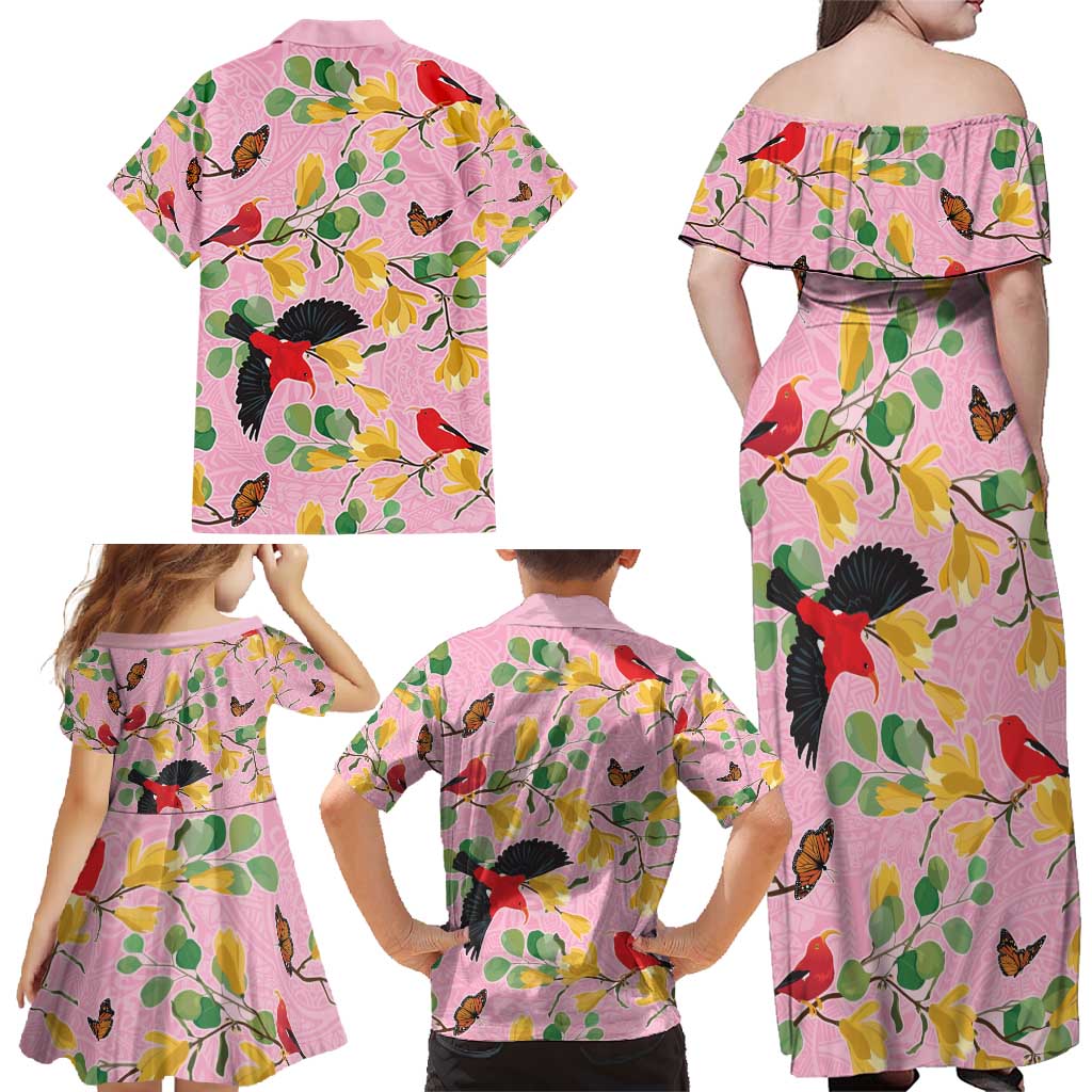 Aloha Hawaii Family Matching Off Shoulder Maxi Dress and Hawaiian Shirt I'iwi on Mamane Pastel Pink LT7 - Polynesian Pride