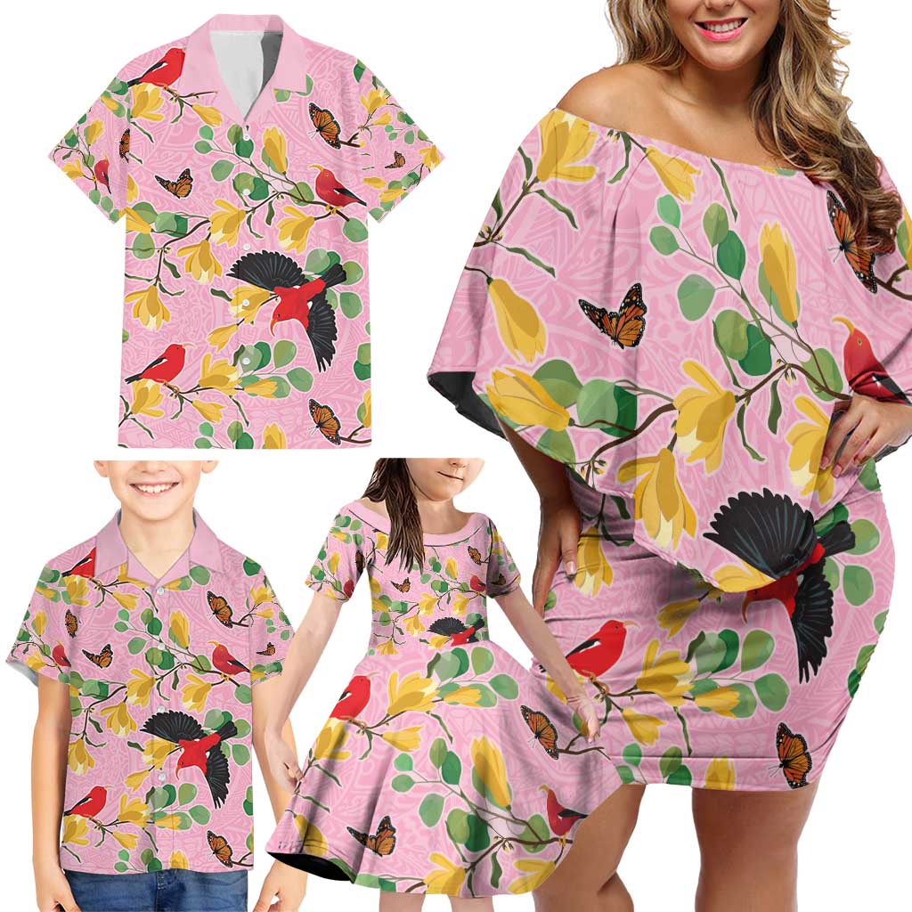 Aloha Hawaii Family Matching Off Shoulder Short Dress and Hawaiian Shirt I'iwi on Mamane Pastel Pink LT7 - Polynesian Pride