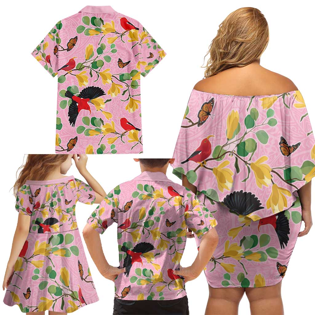 Aloha Hawaii Family Matching Off Shoulder Short Dress and Hawaiian Shirt I'iwi on Mamane Pastel Pink LT7 - Polynesian Pride
