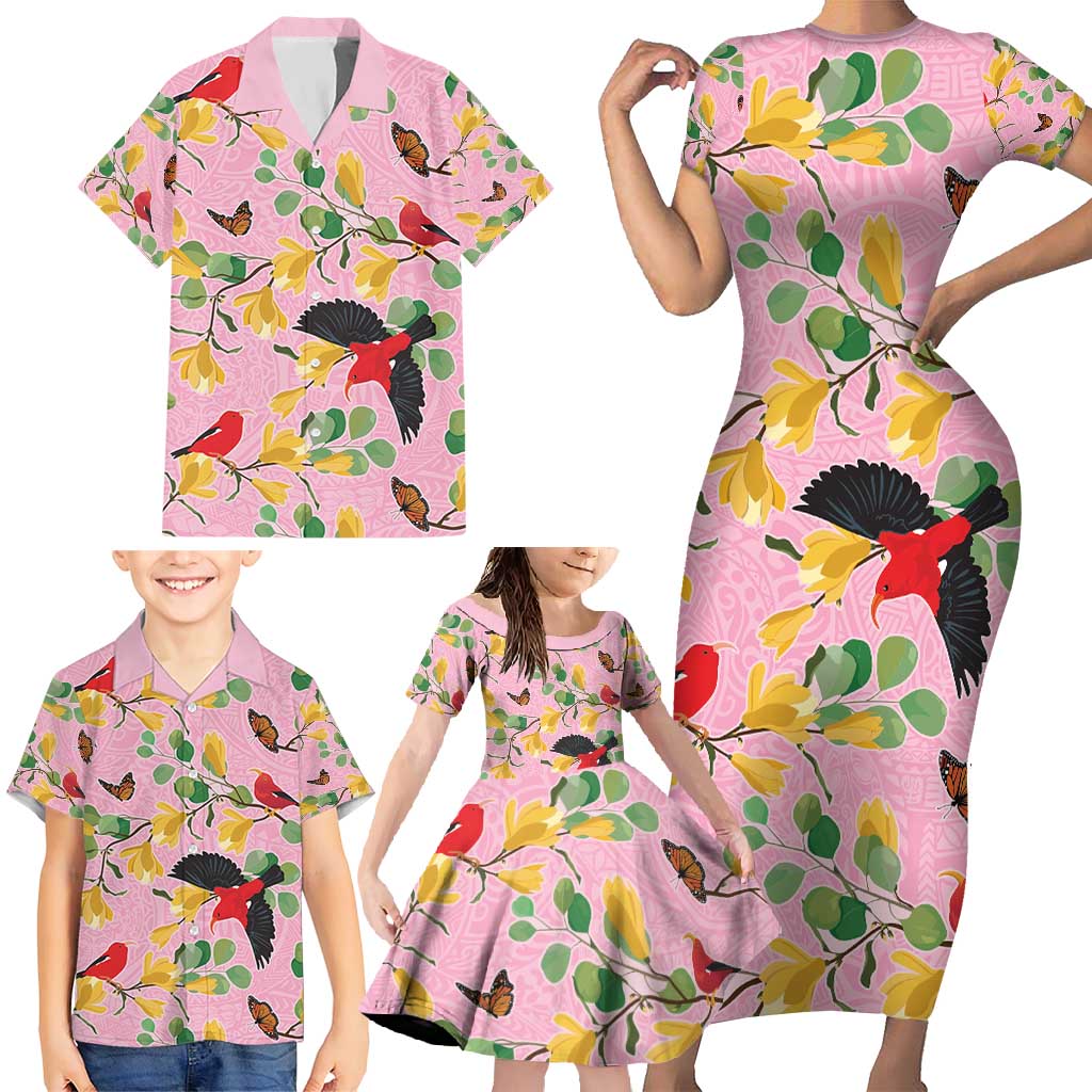 Aloha Hawaii Family Matching Short Sleeve Bodycon Dress and Hawaiian Shirt I'iwi on Mamane Pastel Pink LT7 - Polynesian Pride
