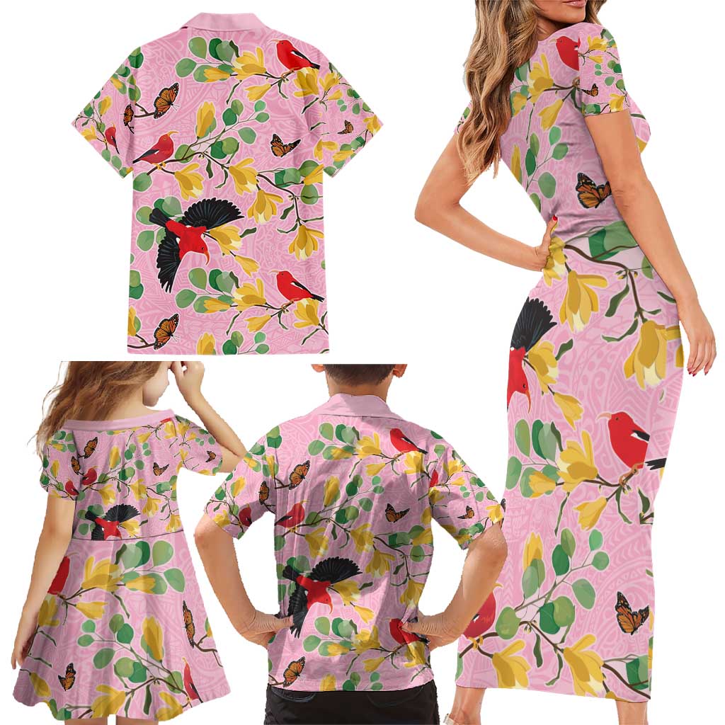 Aloha Hawaii Family Matching Short Sleeve Bodycon Dress and Hawaiian Shirt I'iwi on Mamane Pastel Pink LT7 - Polynesian Pride