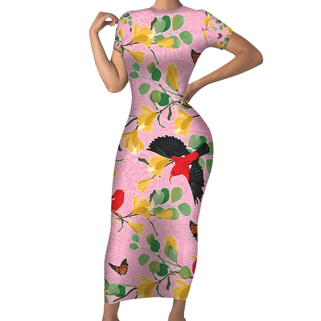 Aloha Hawaii Family Matching Short Sleeve Bodycon Dress and Hawaiian Shirt I'iwi on Mamane Pastel Pink LT7 Mom's Dress Pink - Polynesian Pride