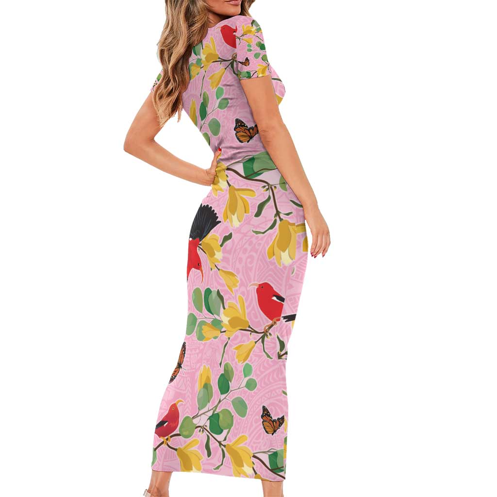 Aloha Hawaii Family Matching Short Sleeve Bodycon Dress and Hawaiian Shirt I'iwi on Mamane Pastel Pink LT7 - Polynesian Pride