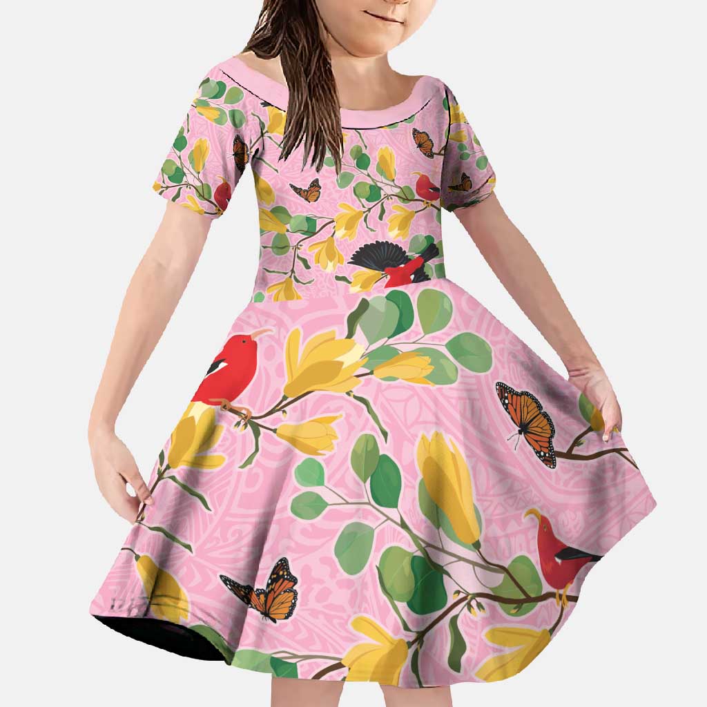 Aloha Hawaii Family Matching Summer Maxi Dress and Hawaiian Shirt I'iwi on Mamane Pastel Pink LT7 Daughter's Dress Pink - Polynesian Pride