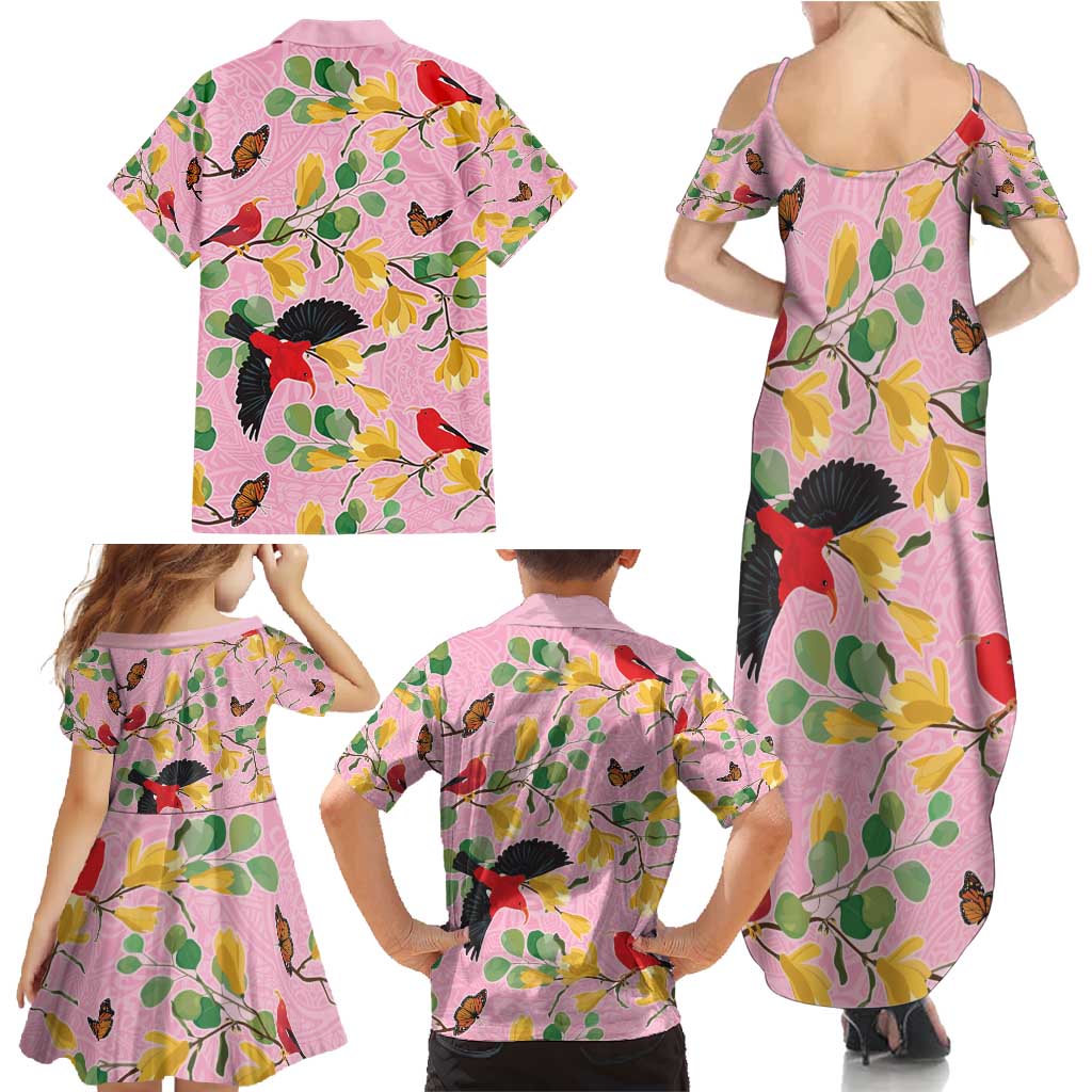 Aloha Hawaii Family Matching Summer Maxi Dress and Hawaiian Shirt I'iwi on Mamane Pastel Pink LT7 - Polynesian Pride