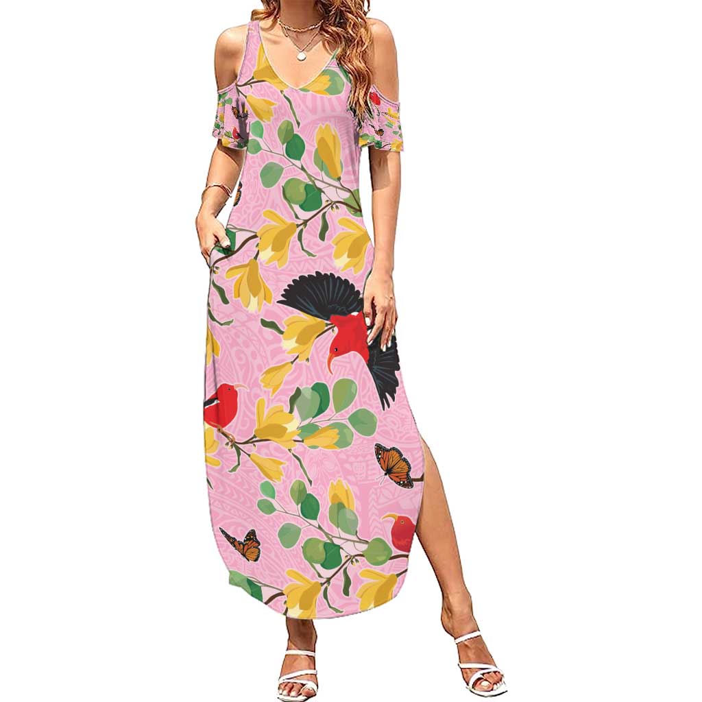 Aloha Hawaii Family Matching Summer Maxi Dress and Hawaiian Shirt I'iwi on Mamane Pastel Pink LT7 Mom's Dress Pink - Polynesian Pride