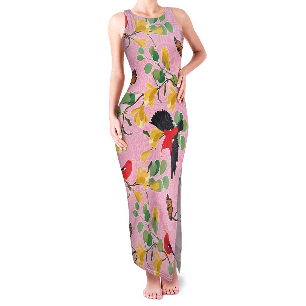 Aloha Hawaii Family Matching Tank Maxi Dress and Hawaiian Shirt I'iwi on Mamane Pastel Pink LT7 Mom's Dress Pink - Polynesian Pride