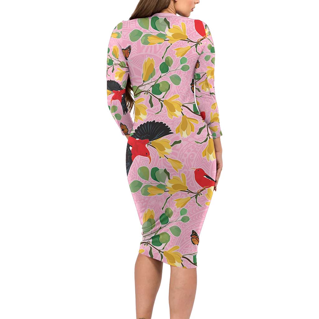 Aloha Hawaii Long Sleeve Bodycon Dress I'iwi on Mamane Pastel Pink