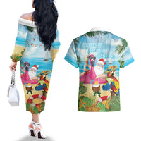 Have Yourself A Beachy Little Christmas Couples Matching Off The Shoulder Long Sleeve Dress and Hawaiian Shirt with Santa Chilling LT7 - Polynesian Pride
