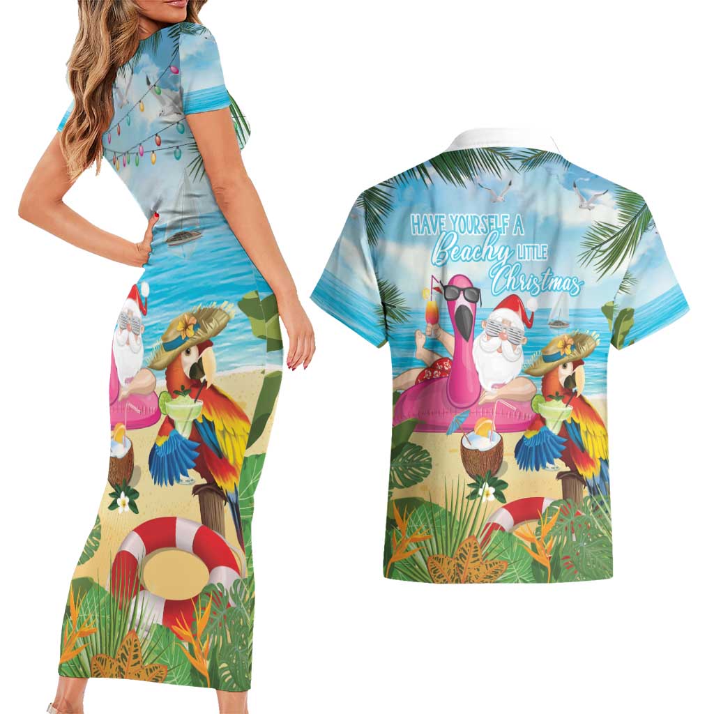 Have Yourself A Beachy Little Christmas Couples Matching Short Sleeve Bodycon Dress and Hawaiian Shirt with Santa Chilling LT7 - Polynesian Pride
