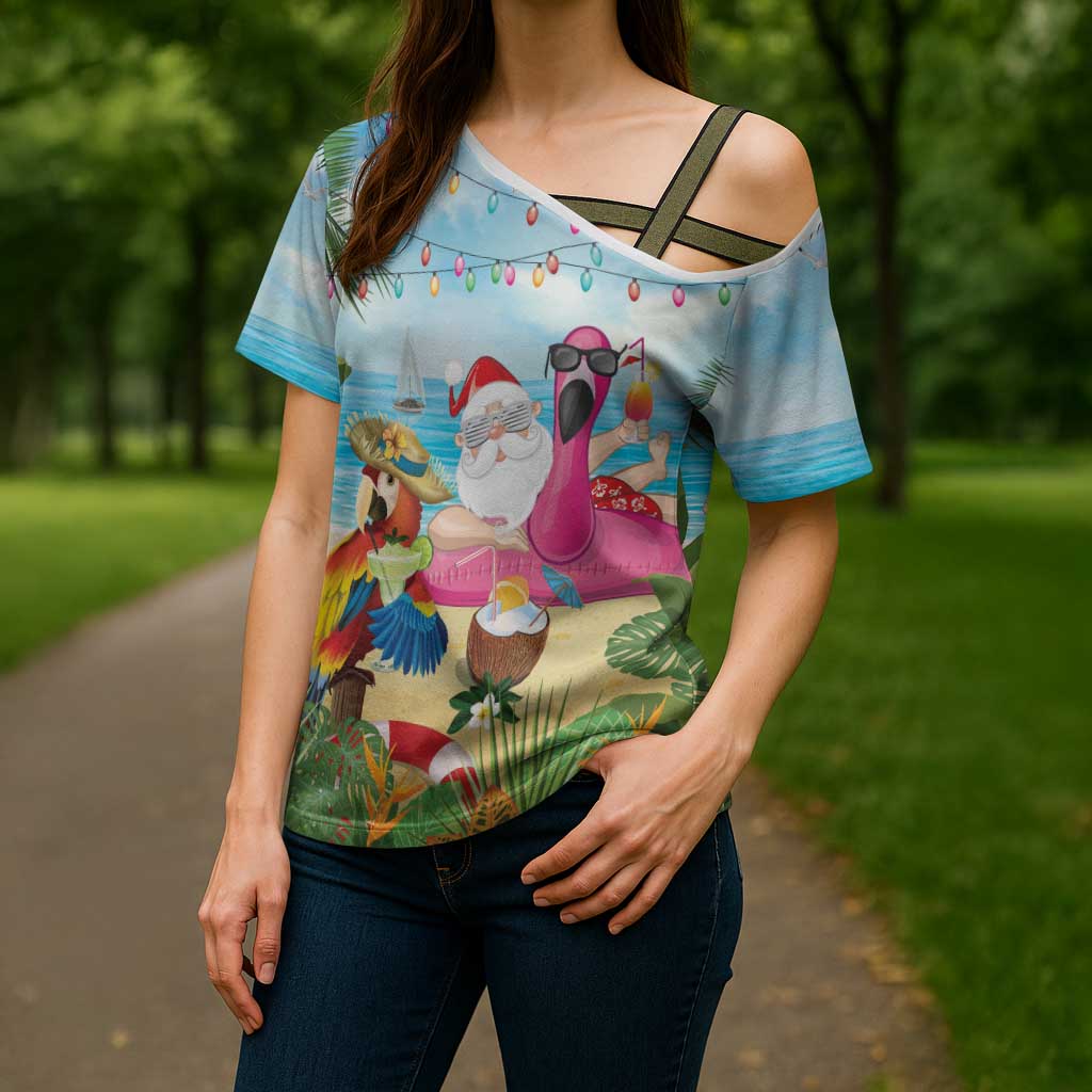 Have Yourself A Beachy Little Christmas Cross Shoulder Shirt with Santa Chilling LT7 - Polynesian Pride