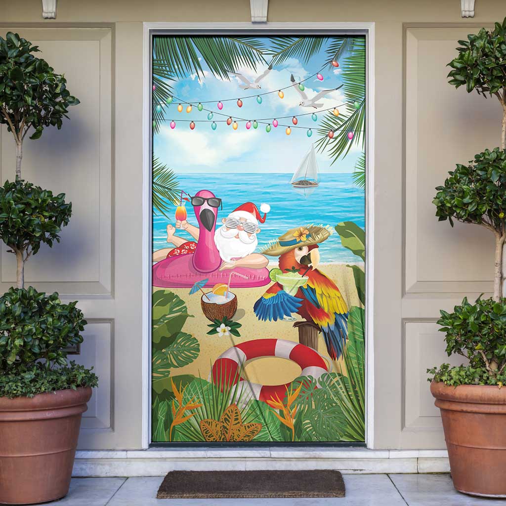 Have Yourself A Beachy Little Christmas Door Cover with Santa Chilling LT7 Colorful - Polynesian Pride