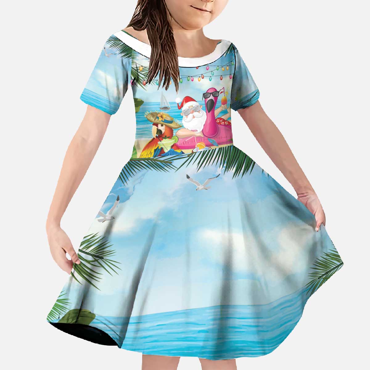 Have Yourself A Beachy Little Christmas Family Matching Off The Shoulder Long Sleeve Dress and Hawaiian Shirt with Santa Chilling LT7 Daughter's Dress Colorful - Polynesian Pride