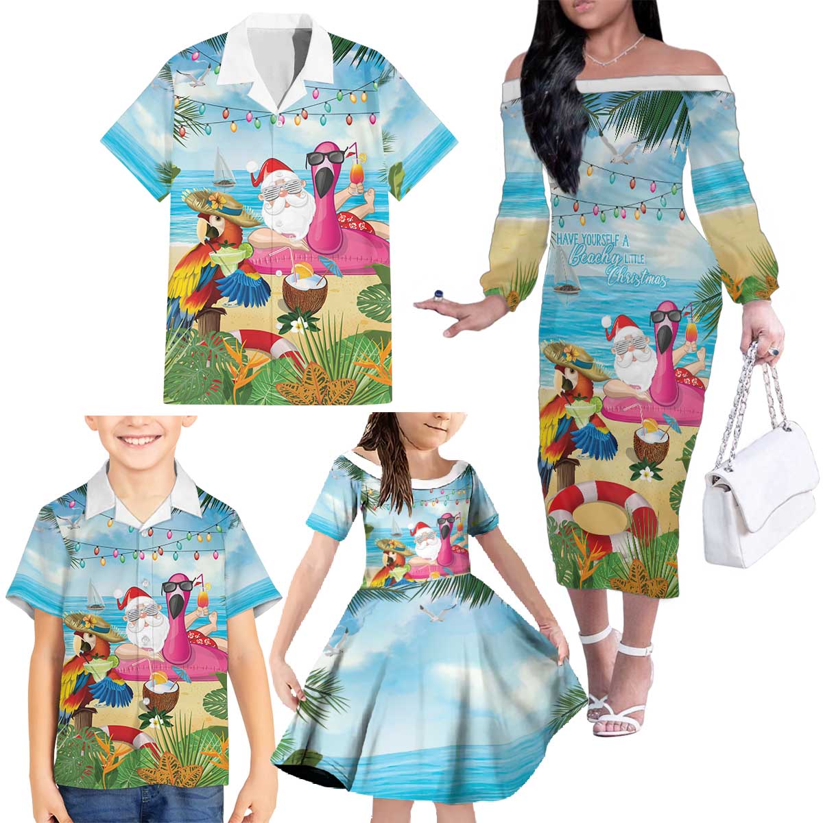 Have Yourself A Beachy Little Christmas Family Matching Off The Shoulder Long Sleeve Dress and Hawaiian Shirt with Santa Chilling LT7 - Polynesian Pride