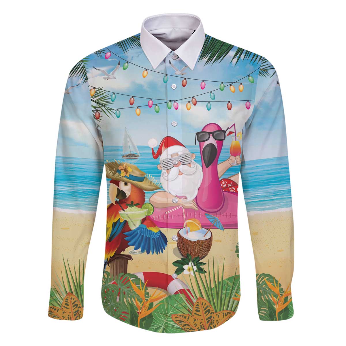 Have Yourself A Beachy Little Christmas Family Matching Off The Shoulder Long Sleeve Dress and Hawaiian Shirt with Santa Chilling LT7 Dad's Shirt - Long Sleeve Colorful - Polynesian Pride