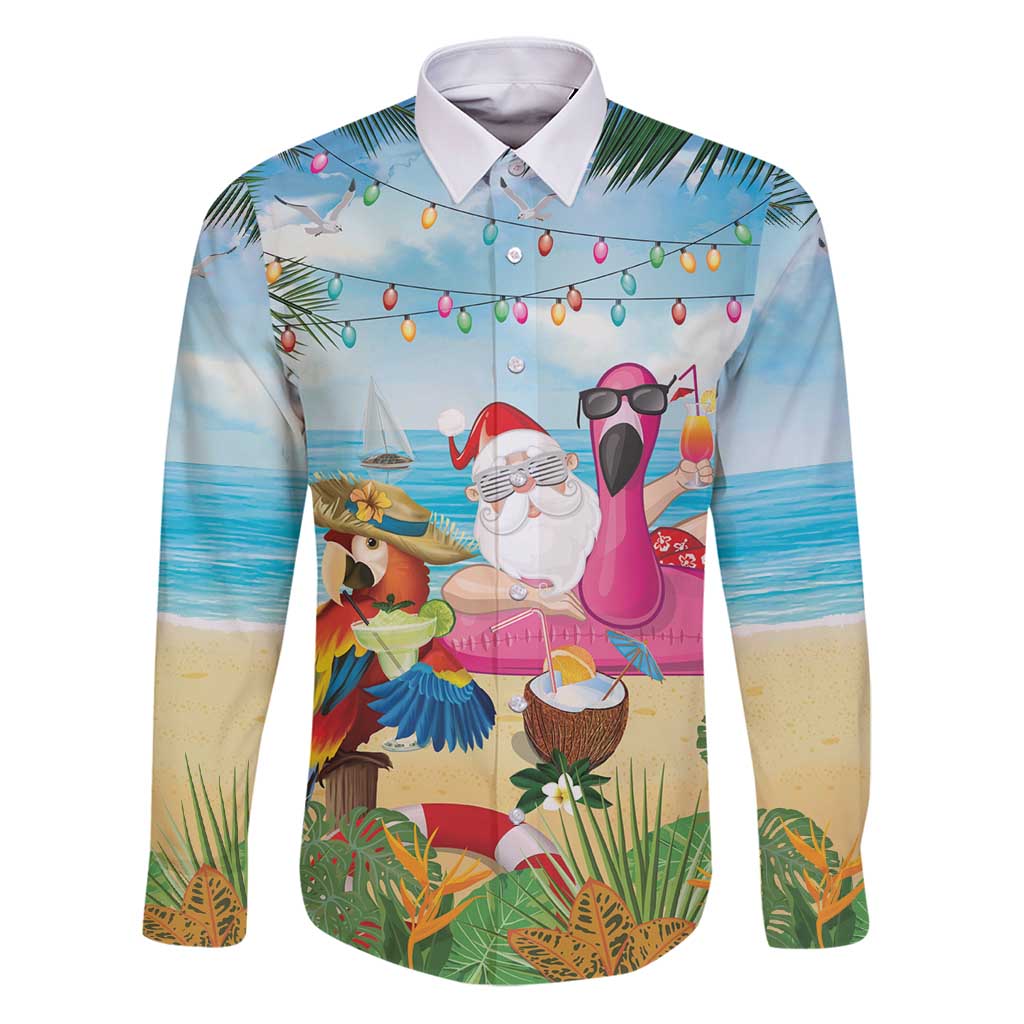 Have Yourself A Beachy Little Christmas Family Matching Puletasi and Hawaiian Shirt with Santa Chilling LT7 Dad's Shirt - Long Sleeve Colorful - Polynesian Pride
