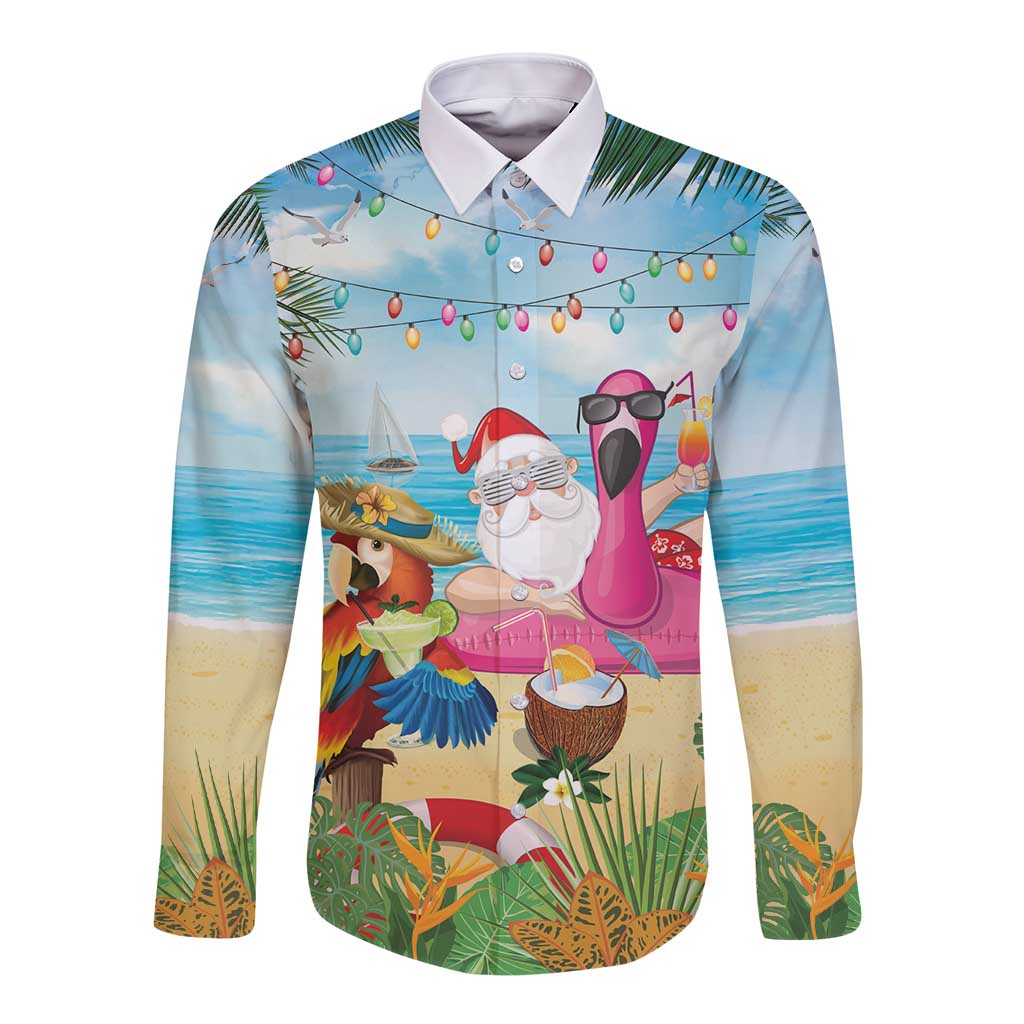 Have Yourself A Beachy Little Christmas Long Sleeve Button Shirt with Santa Chilling LT7 Unisex Colorful - Polynesian Pride