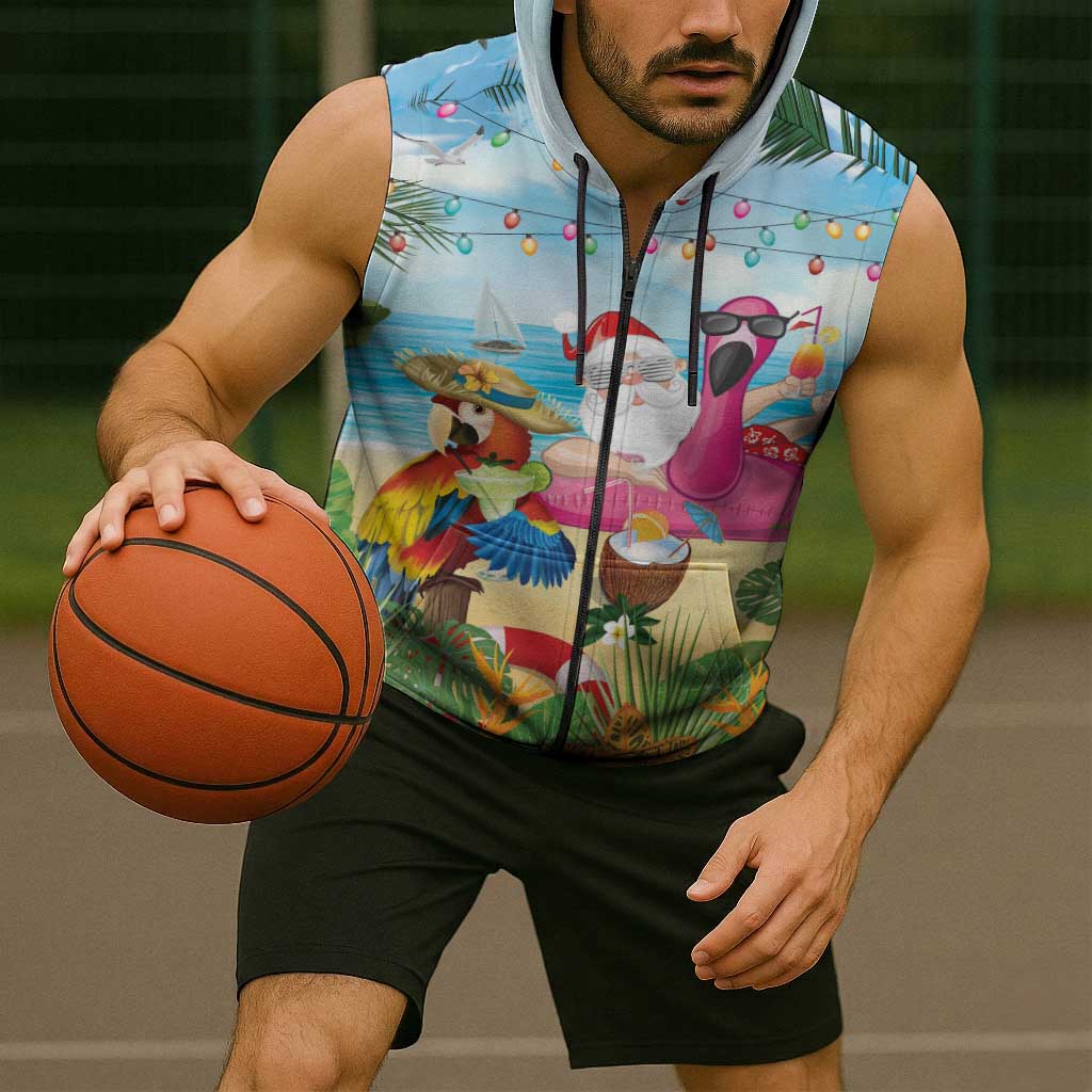 Have Yourself A Beachy Little Christmas Sleeveless Zip Hoodie with Santa Chilling - Polynesian Pride