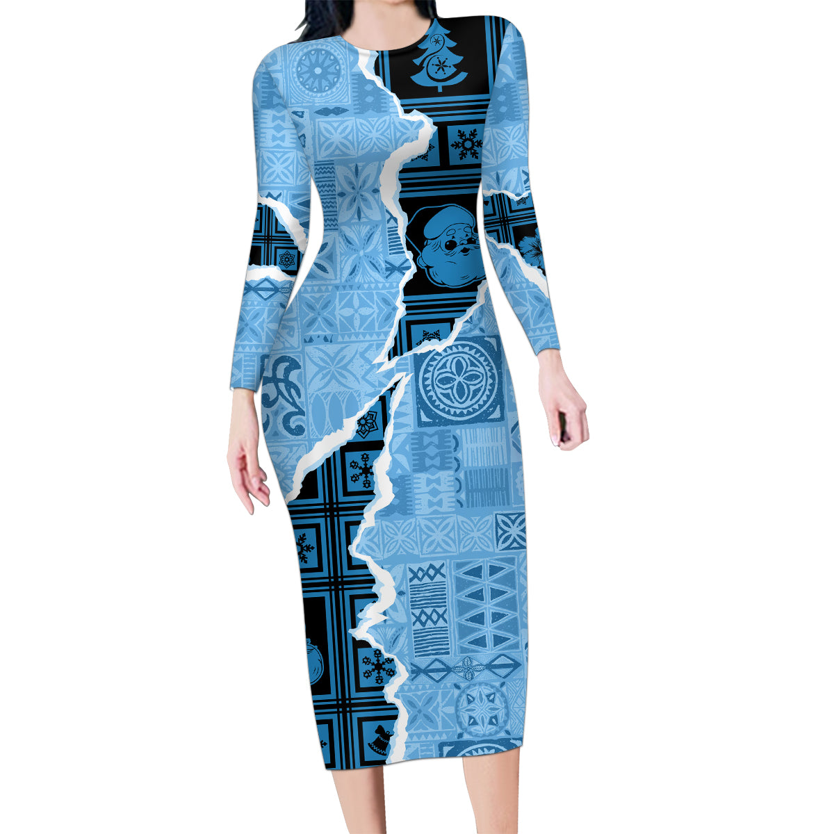 Bula Fiji Tapa Mix Christmas Family Matching Long Sleeve Bodycon Dress and Hawaiian Shirt Vintage Style LT7 Mom's Dress Turquoise - Polynesian Pride