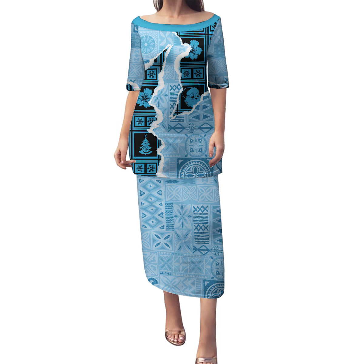 Bula Fiji Tapa Mix Christmas Family Matching Puletasi Dress and Hawaiian Shirt Vintage Style LT7 Mom's Dress Turquoise - Polynesian Pride