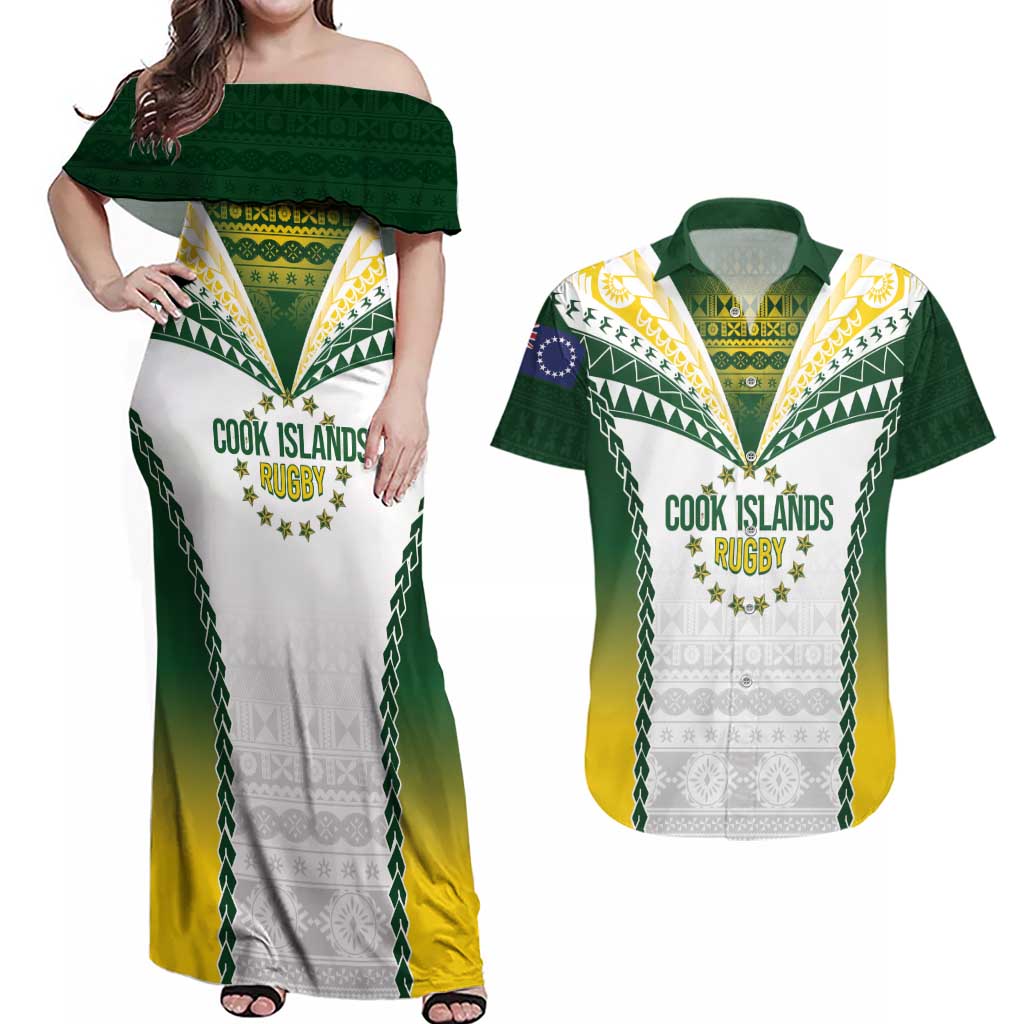 Cook Islands Rugby Custom Couples Matching Off Shoulder Maxi Dress and Hawaiian Shirt Kuki's Aitu Champions - Polynesian Pride