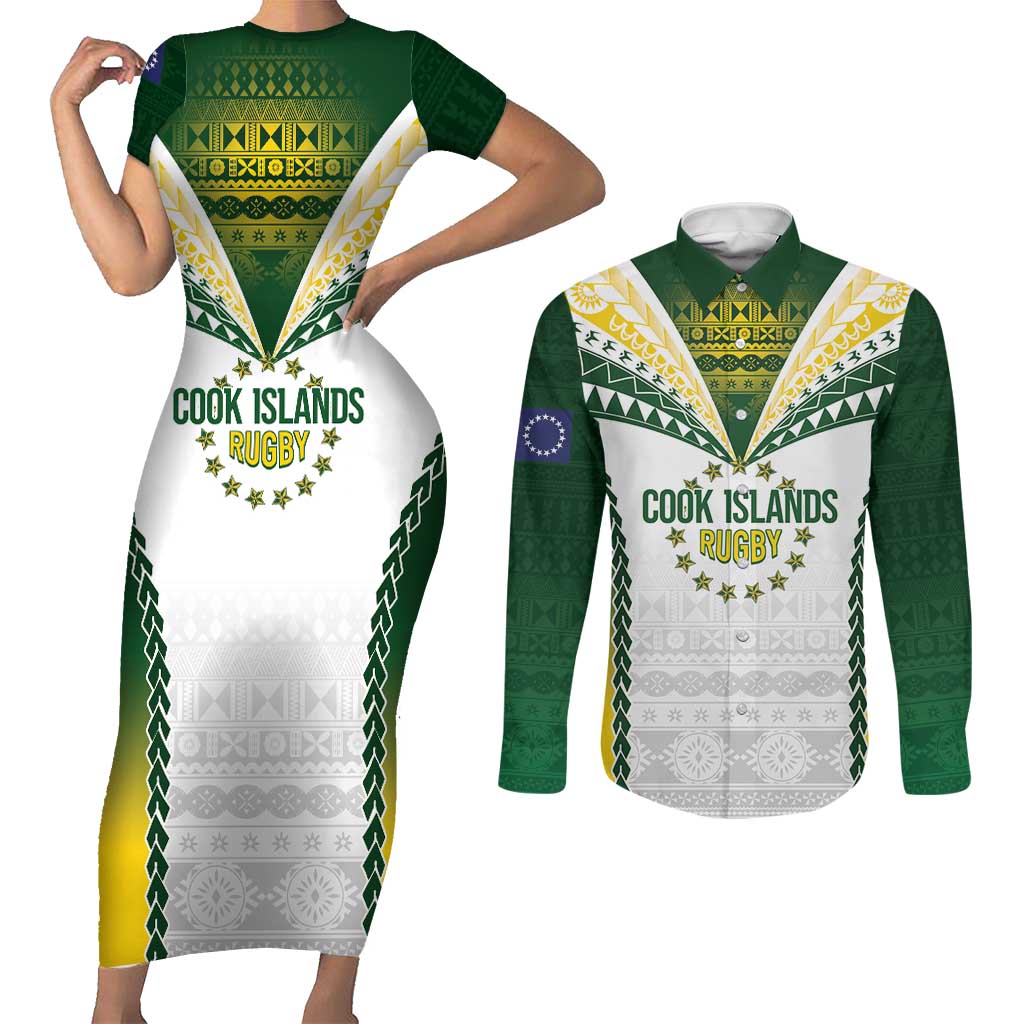 Cook Islands Rugby Custom Couples Matching Short Sleeve Bodycon Dress and Long Sleeve Button Shirt Kuki's Aitu Champions - Polynesian Pride