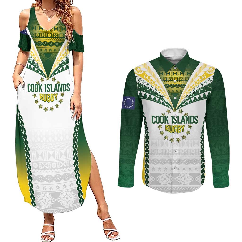 Cook Islands Rugby Custom Couples Matching Summer Maxi Dress and Long Sleeve Button Shirt Kuki's Aitu Champions - Polynesian Pride
