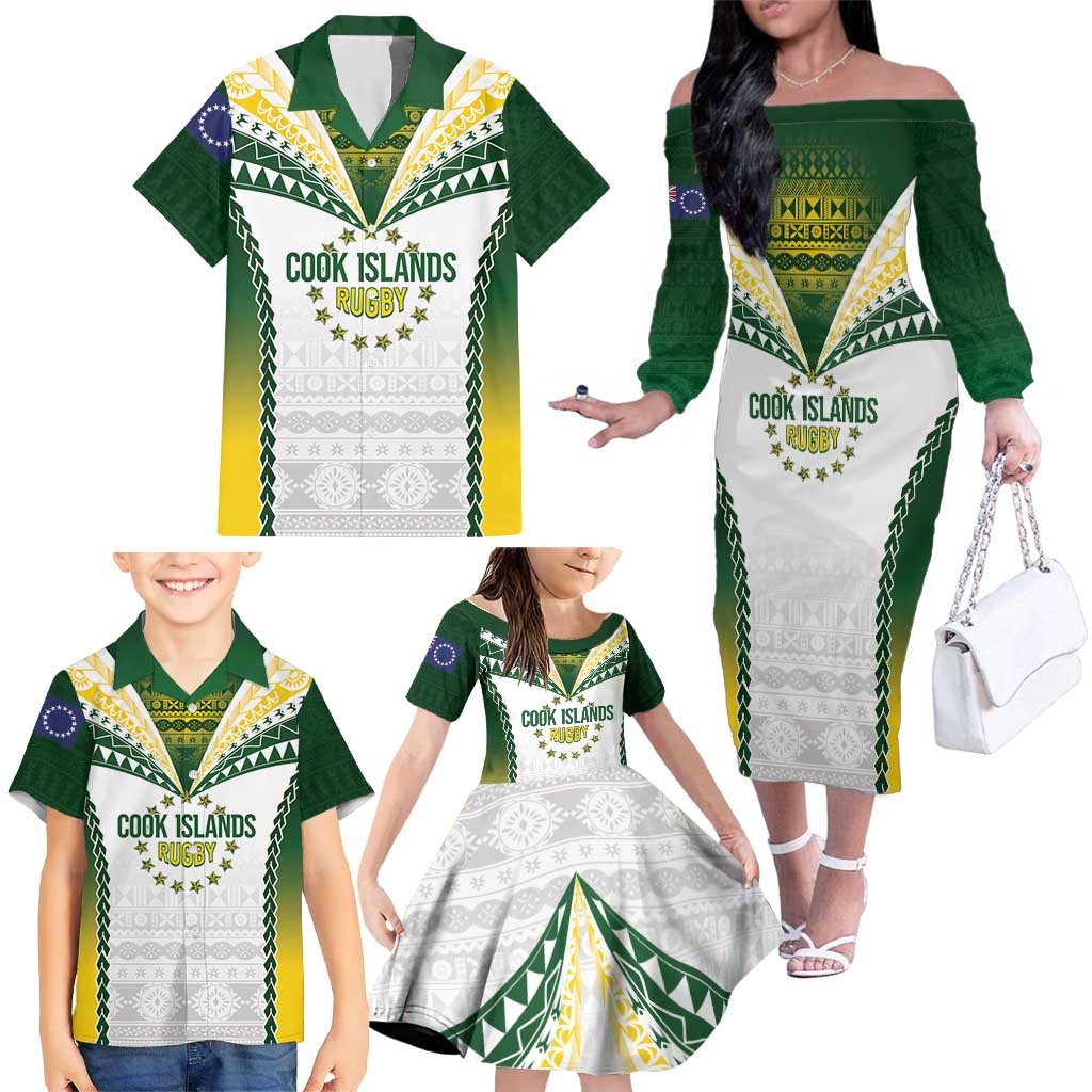 Cook Islands Rugby Custom Family Matching Off The Shoulder Long Sleeve Dress and Hawaiian Shirt Kuki's Aitu Champions LT7 - Polynesian Pride