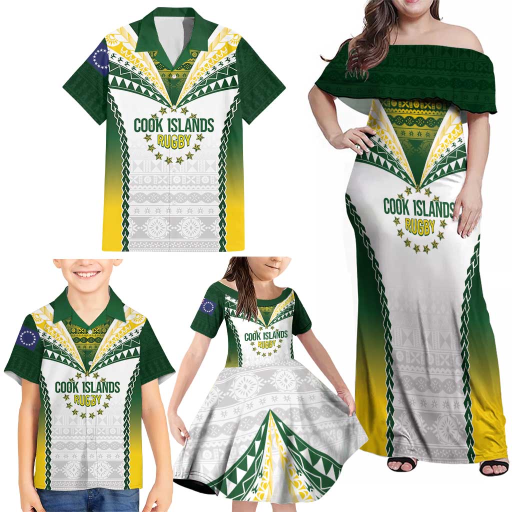Cook Islands Rugby Custom Family Matching Off Shoulder Maxi Dress and Hawaiian Shirt Kuki's Aitu Champions LT7 - Polynesian Pride