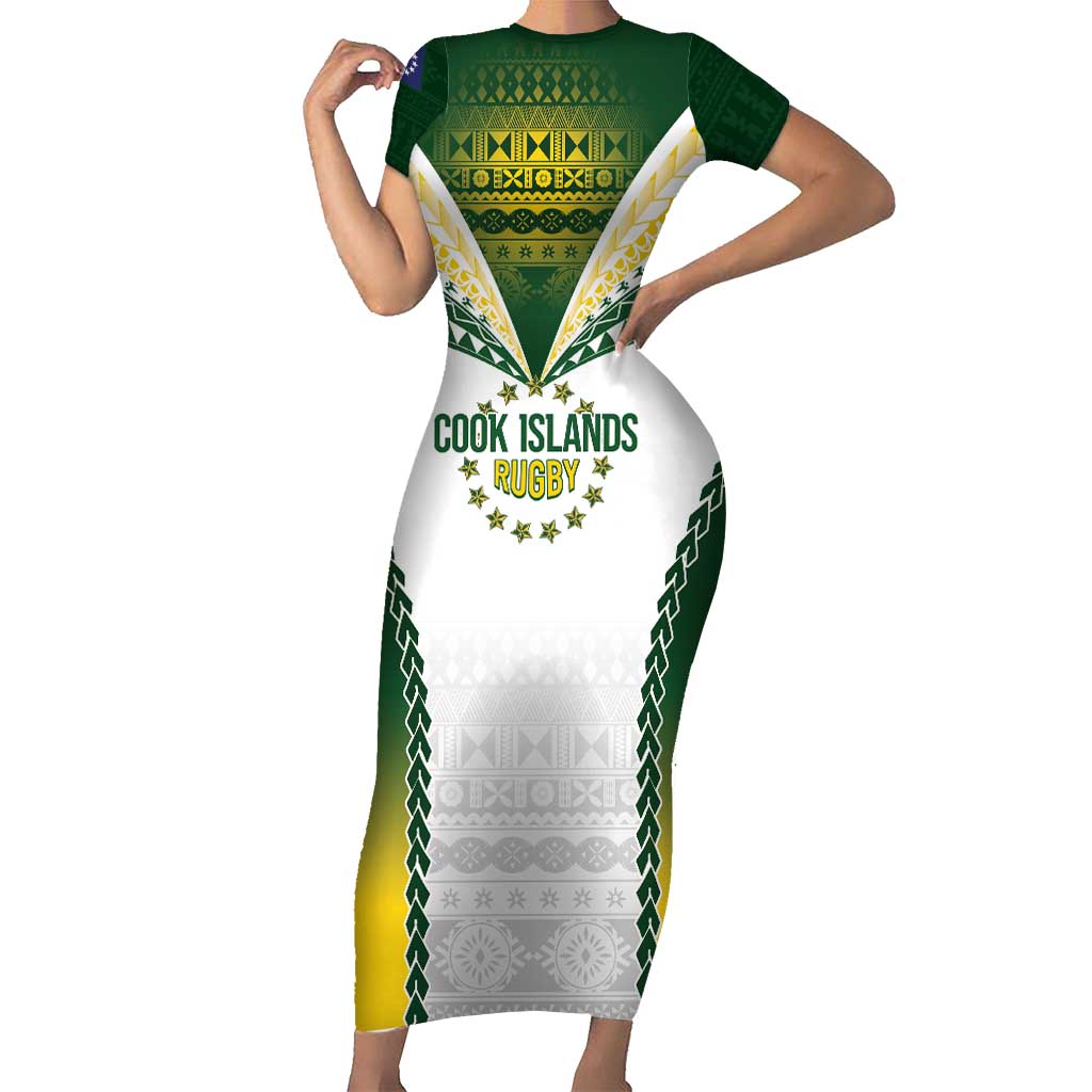 Cook Islands Rugby Custom Short Sleeve Bodycon Dress Kuki's Aitu Champions LT7 Long Dress Colorful - Polynesian Pride