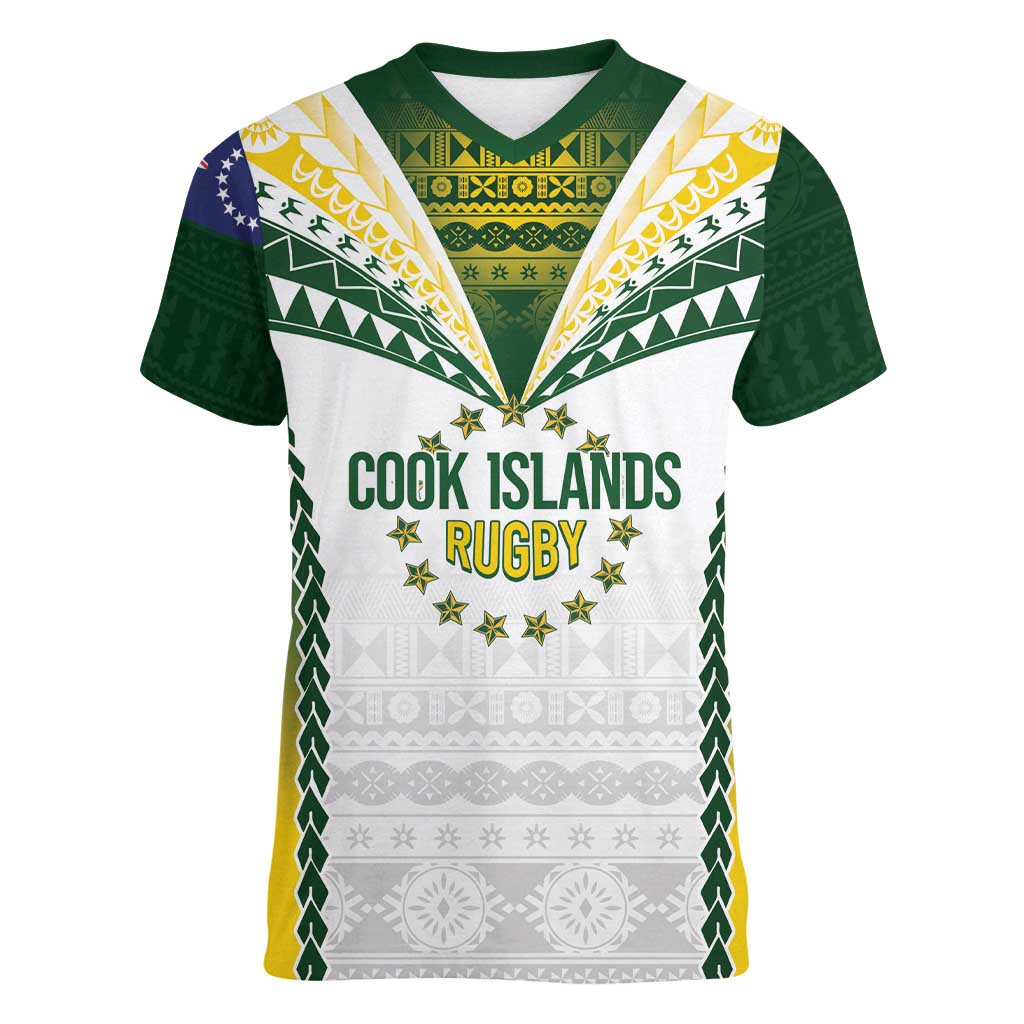 Cook Islands Rugby Custom Women V-Neck T-Shirt Kuki's Aitu Champions - Polynesian Pride