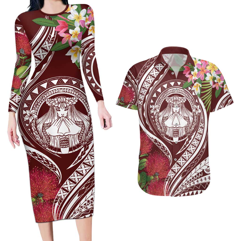Aloha Hawaii Big Island Couples Matching Long Sleeve Bodycon Dress and Hawaiian Shirt Ohia Lehua Wahine LT7 Red - Polynesian Pride
