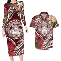 Aloha Hawaii Big Island Couples Matching Long Sleeve Bodycon Dress and Hawaiian Shirt Ohia Lehua Wahine LT7 Red - Polynesian Pride