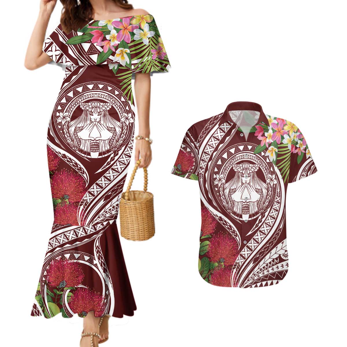 Aloha Hawaii Big Island Couples Matching Mermaid Dress and Hawaiian Shirt Ohia Lehua Wahine LT7 Red - Polynesian Pride