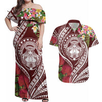 Aloha Hawaii Big Island Couples Matching Off Shoulder Maxi Dress and Hawaiian Shirt Ohia Lehua Wahine LT7 Red - Polynesian Pride