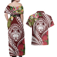 Aloha Hawaii Big Island Couples Matching Off Shoulder Maxi Dress and Hawaiian Shirt Ohia Lehua Wahine LT7 - Polynesian Pride