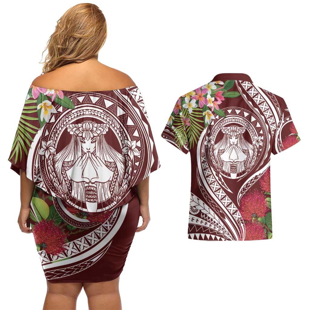 Aloha Hawaii Big Island Couples Matching Off Shoulder Short Dress and Hawaiian Shirt Ohia Lehua Wahine LT7 - Polynesian Pride