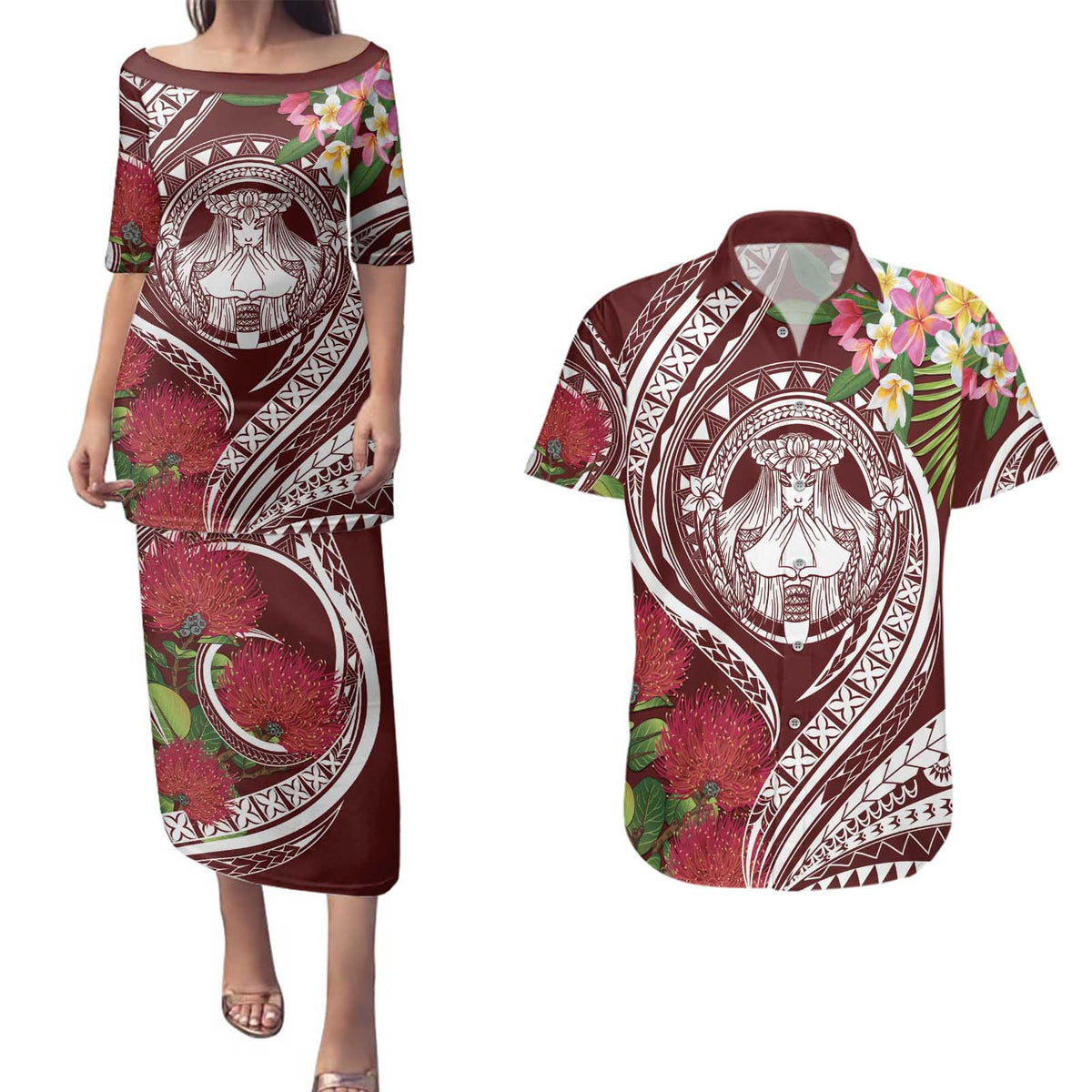 Aloha Hawaii Big Island Couples Matching Puletasi and Hawaiian Shirt Ohia Lehua Wahine
