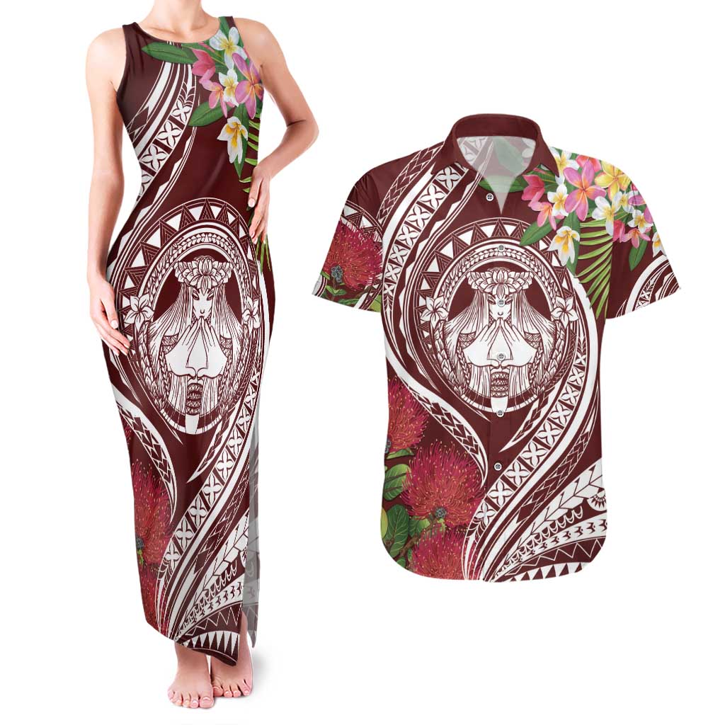 Aloha Hawaii Big Island Couples Matching Tank Maxi Dress and Hawaiian Shirt Ohia Lehua Wahine LT7 Red - Polynesian Pride