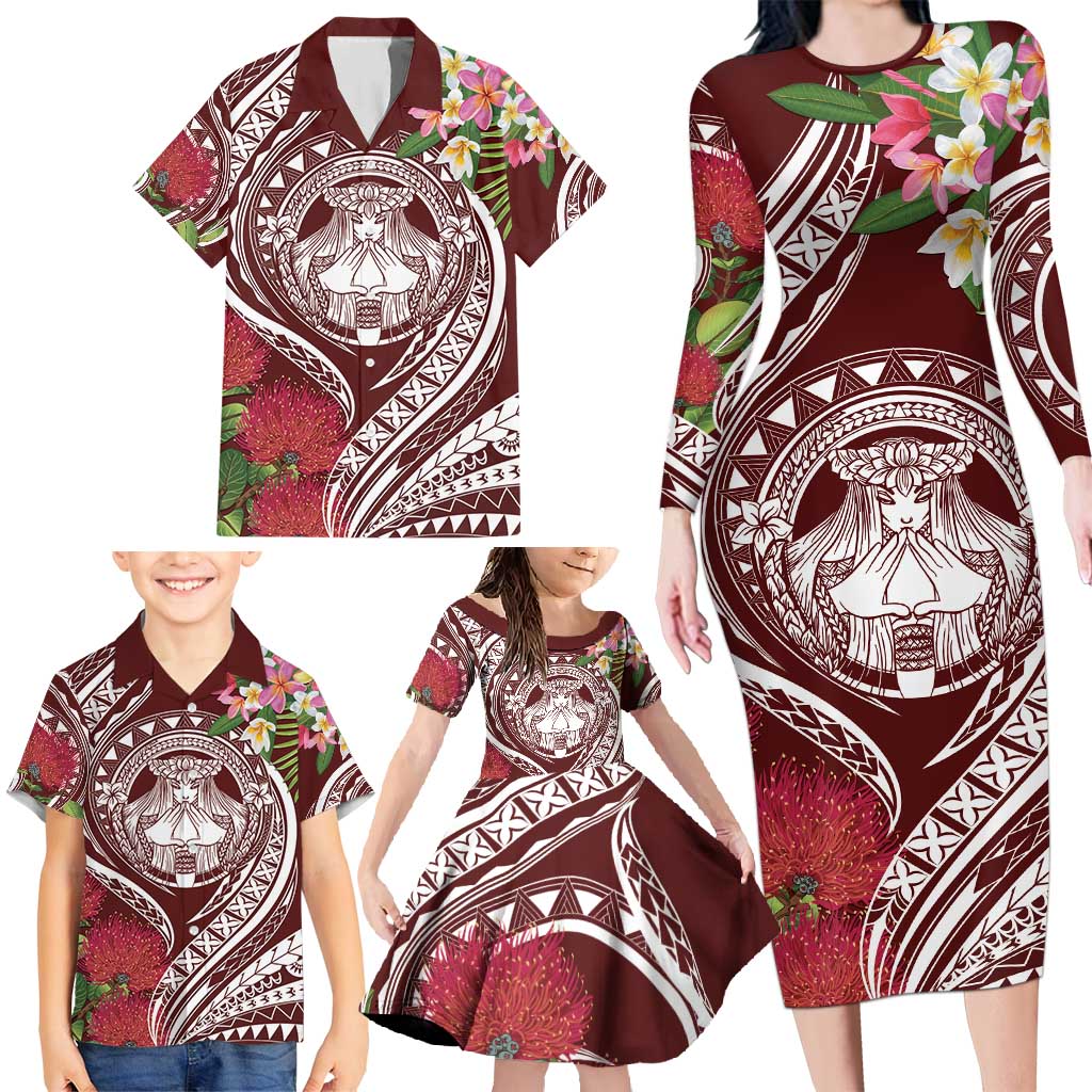 Aloha Hawaii Big Island Family Matching Long Sleeve Bodycon Dress and Hawaiian Shirt Ohia Lehua Wahine LT7 - Polynesian Pride