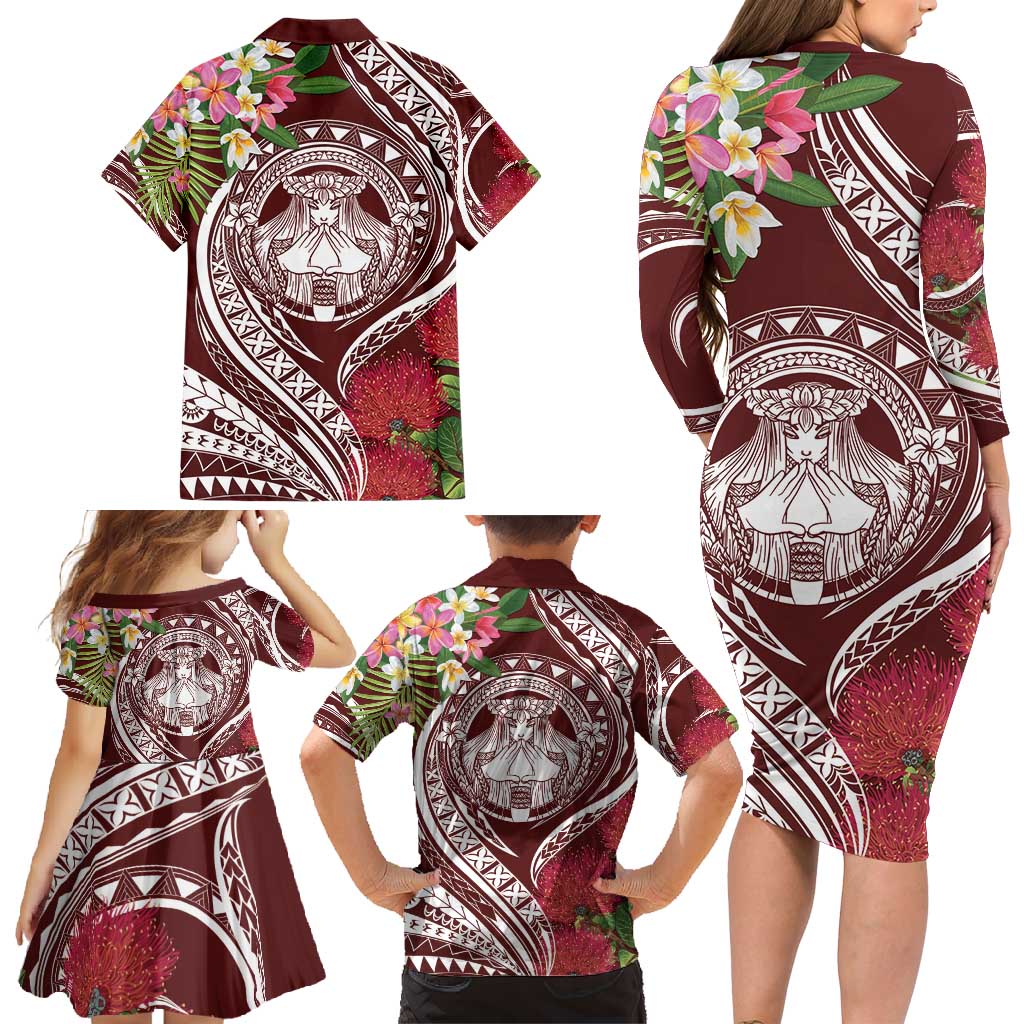 Aloha Hawaii Big Island Family Matching Long Sleeve Bodycon Dress and Hawaiian Shirt Ohia Lehua Wahine LT7 - Polynesian Pride