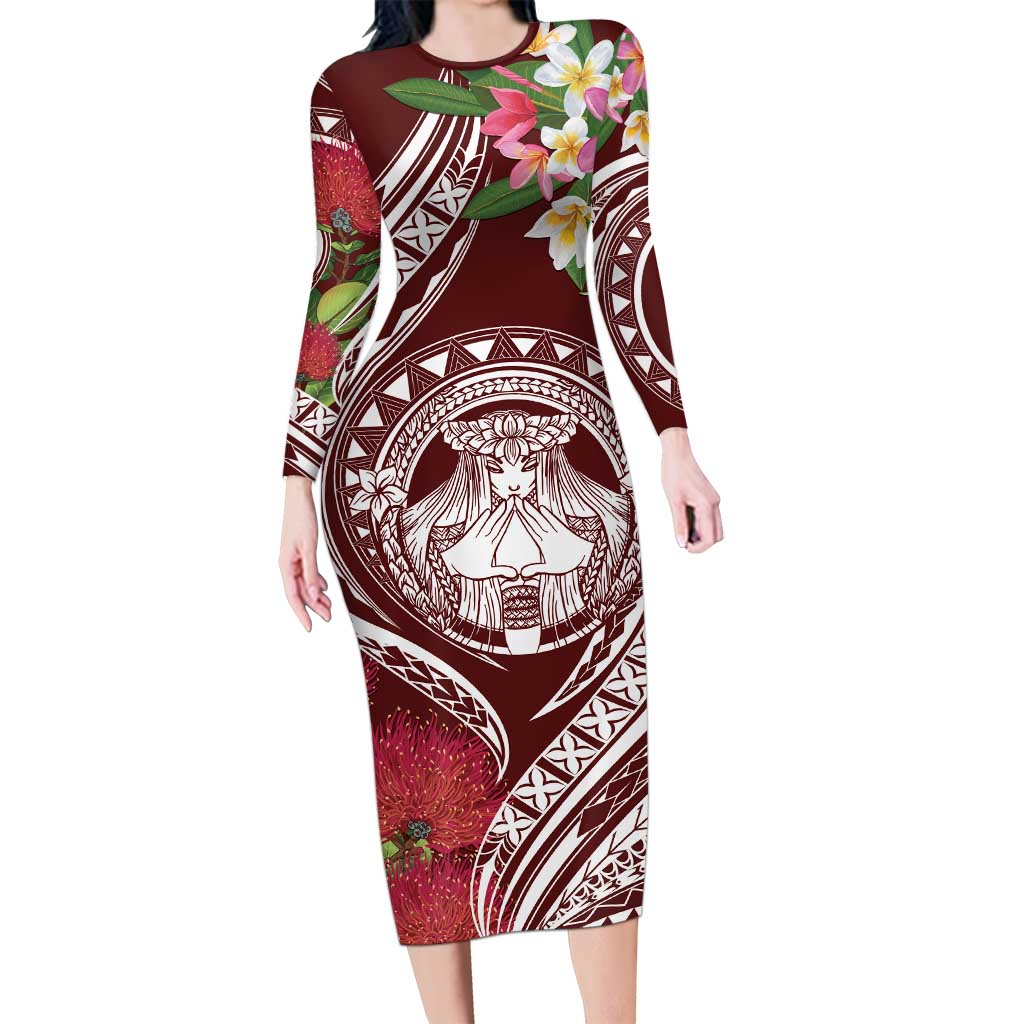 Aloha Hawaii Big Island Family Matching Long Sleeve Bodycon Dress and Hawaiian Shirt Ohia Lehua Wahine LT7 Mom's Dress Red - Polynesian Pride