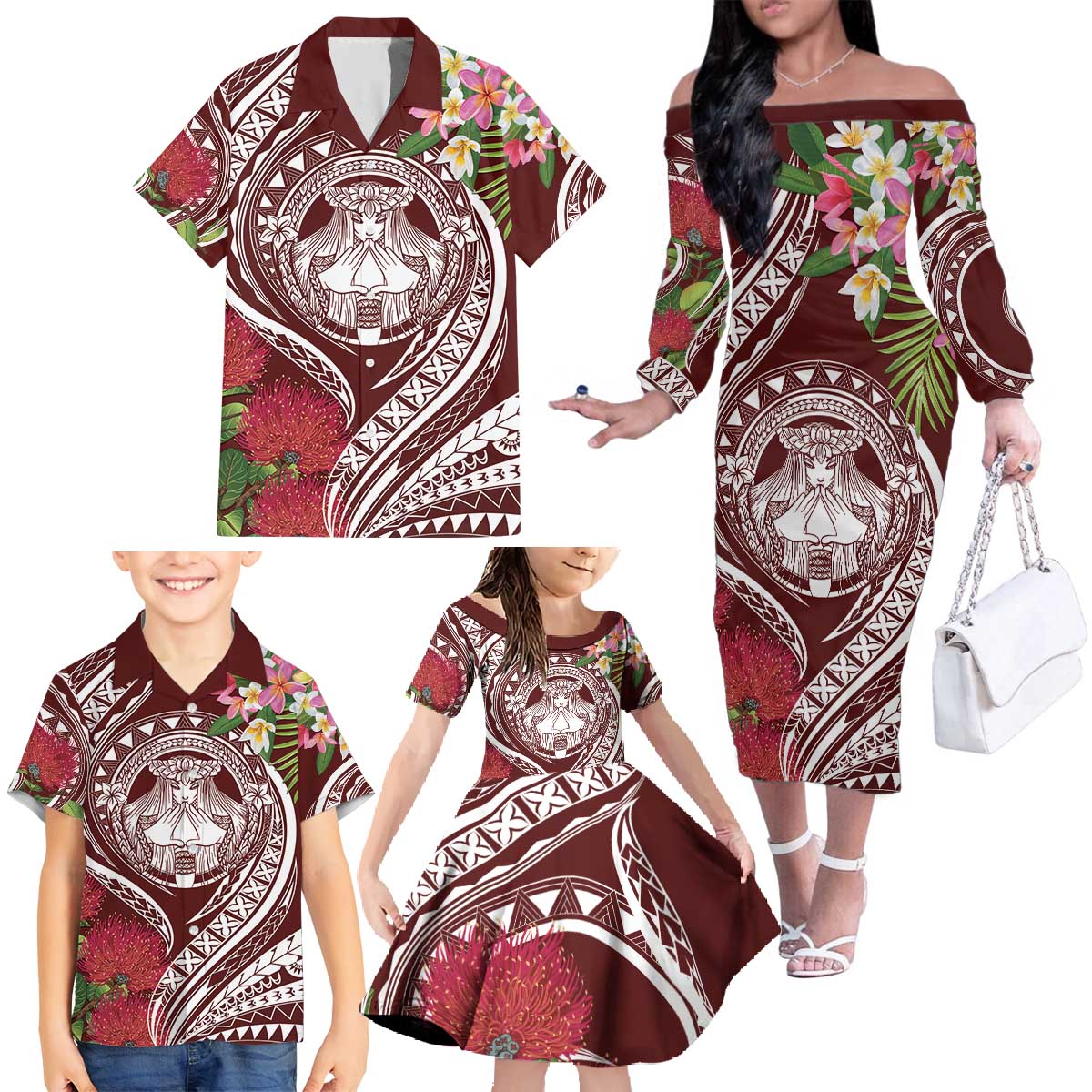 Aloha Hawaii Big Island Family Matching Off The Shoulder Long Sleeve Dress and Hawaiian Shirt Ohia Lehua Wahine LT7 Red - Polynesian Pride